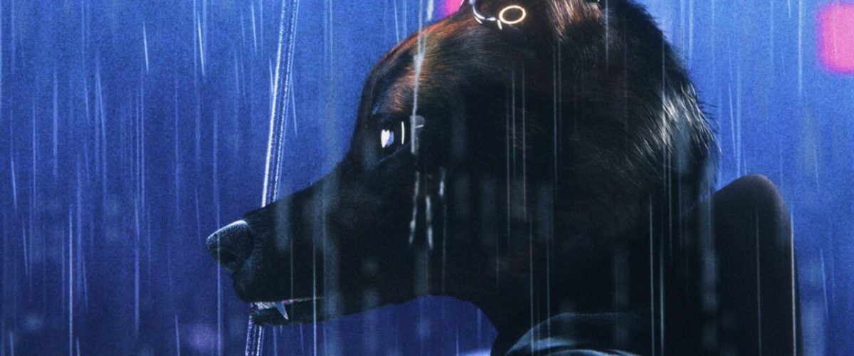 En digital illustration af en hund med mørk pels iført en sort jakke, der står oprejst i regnen om natten med slørede neonlys i baggrunden. Hunden ser frem for sig med et alvorligt udtryk.