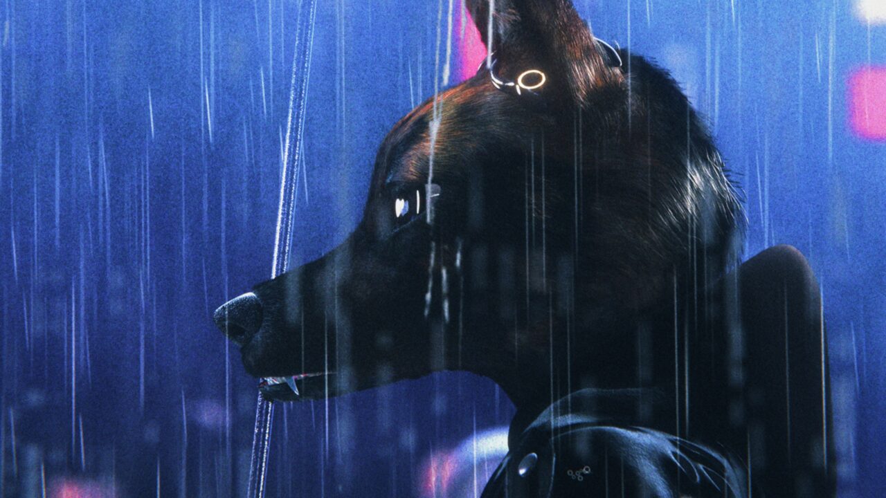 En digital illustration af en hund med mørk pels iført en sort jakke, der står oprejst i regnen om natten med slørede neonlys i baggrunden. Hunden ser frem for sig med et alvorligt udtryk.
