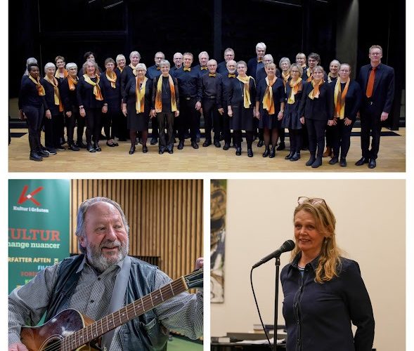 Et stort kor poserer på scenen i matchende sorte outfits med orange tørklæder på det øverste billede; nedenunder spiller en mand akustisk guitar, og en kvinde står ved en mikrofon og taler eller synger.