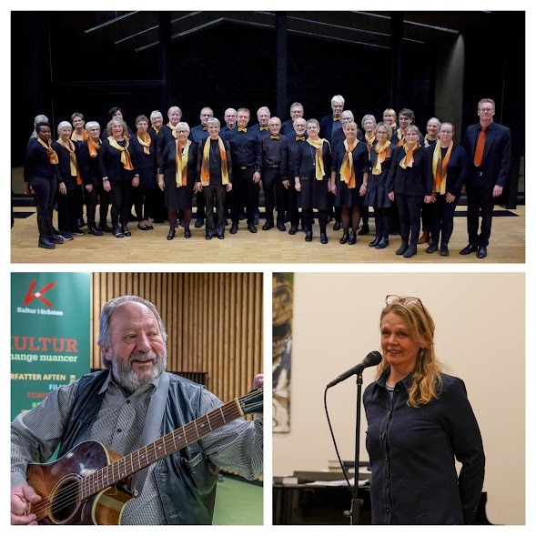 Et stort kor poserer på scenen i matchende sorte outfits med orange tørklæder på det øverste billede; nedenunder spiller en mand akustisk guitar, og en kvinde står ved en mikrofon og taler eller synger.