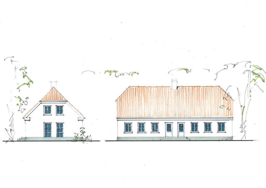 Center for verdensmål Illustration af husfacade med tegltag og store vinduer i Sonderborg.