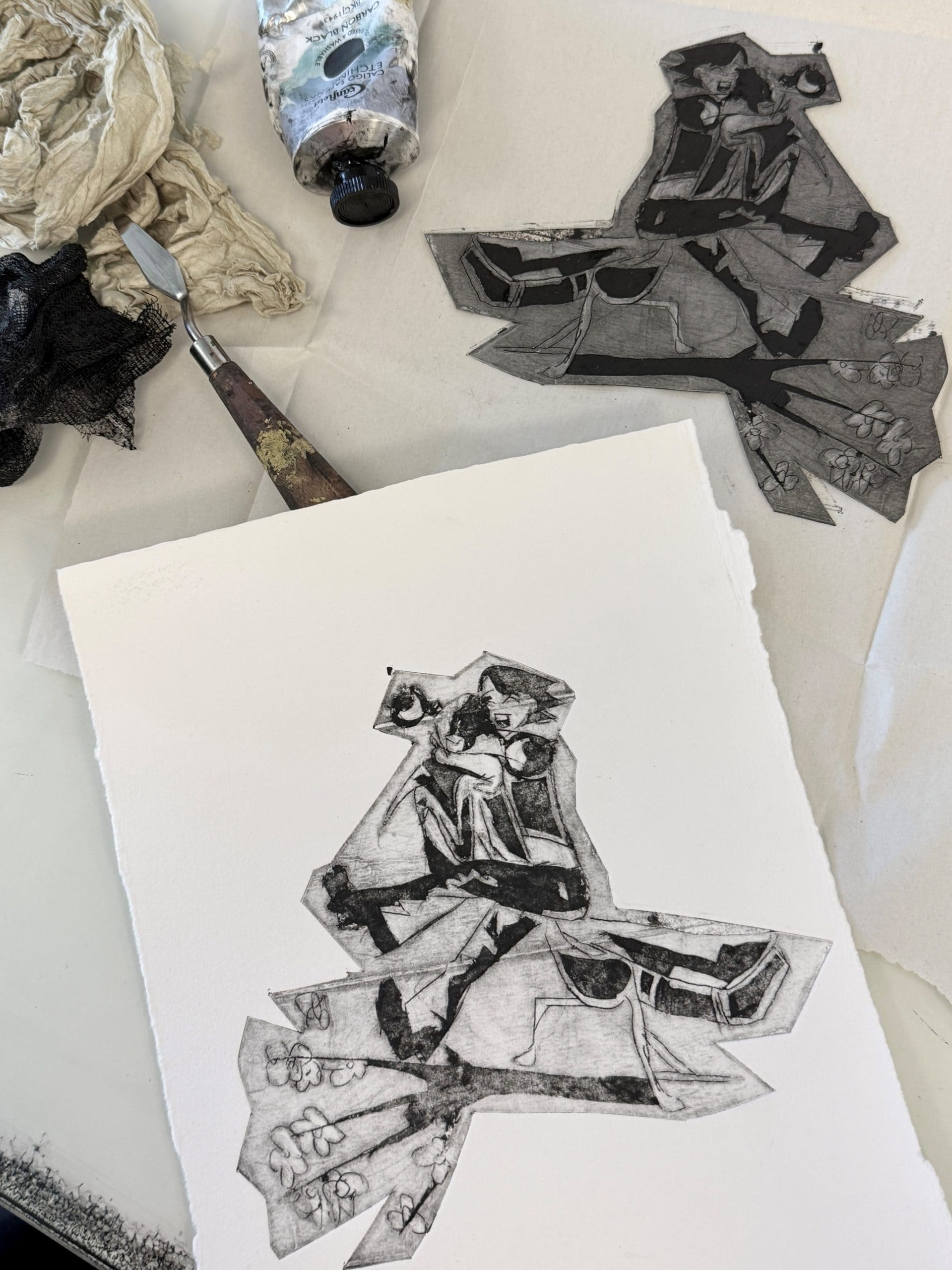 Detalje af collografi kunstværk skabt på temadag i Sønderjyllands Kunstskole.