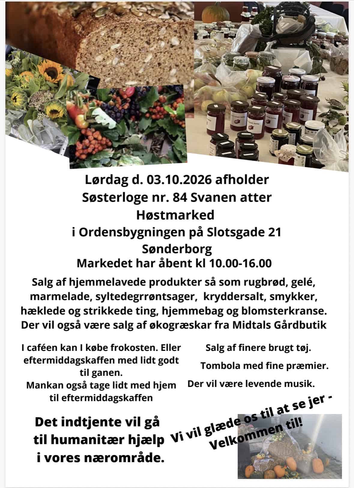 Høstmarked med lokale produkter og hjemmelavede varer i Sønderborg.