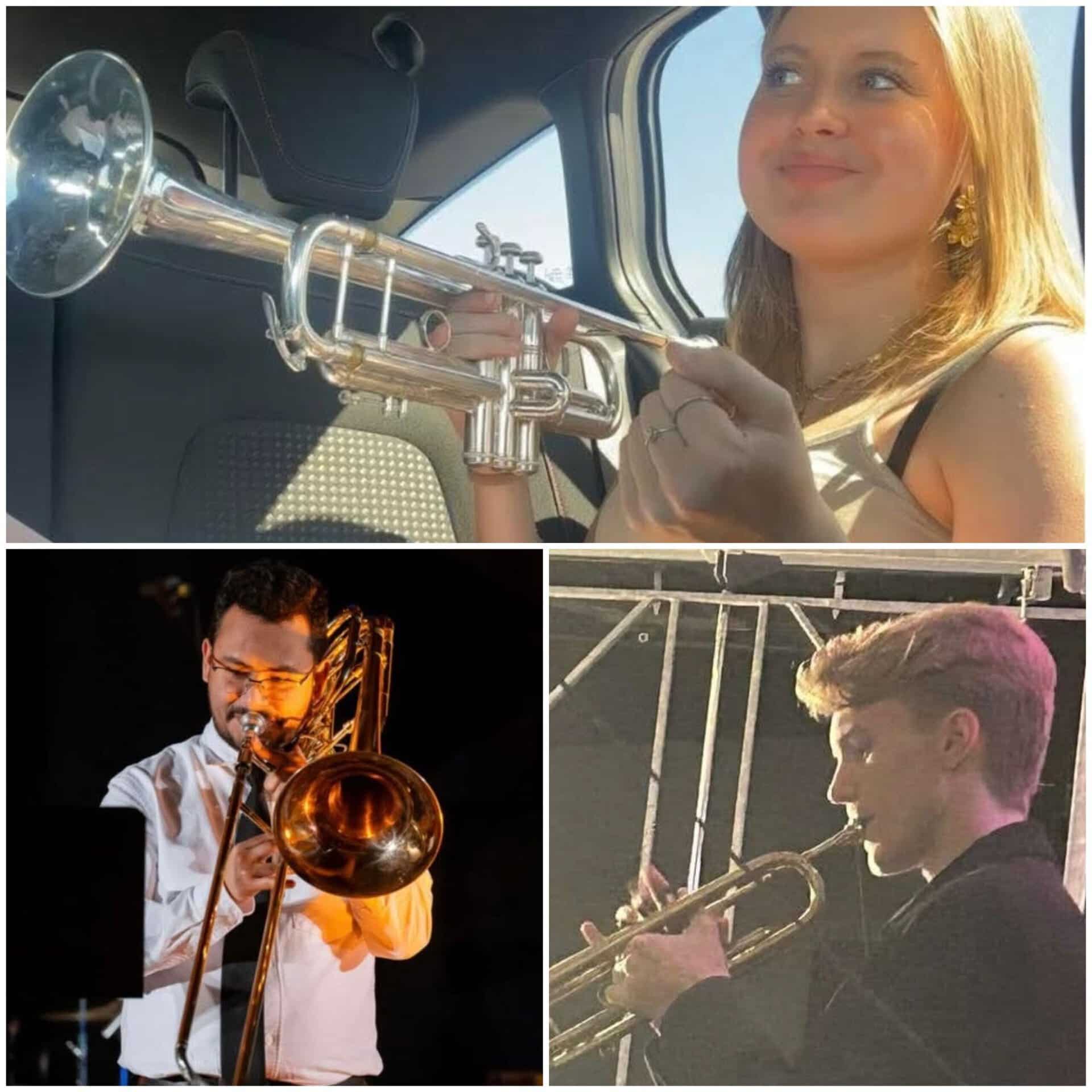 Sonderborg musikere og koncert Tre musikere med instrumenter, herunder trompet og saxofon, under koncert i Sonderborg.