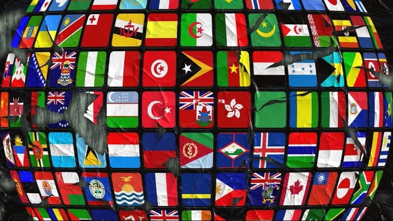 Verdenskort med nationale flag Verdenskort med forskellige nationale flag i 3D-effekt.