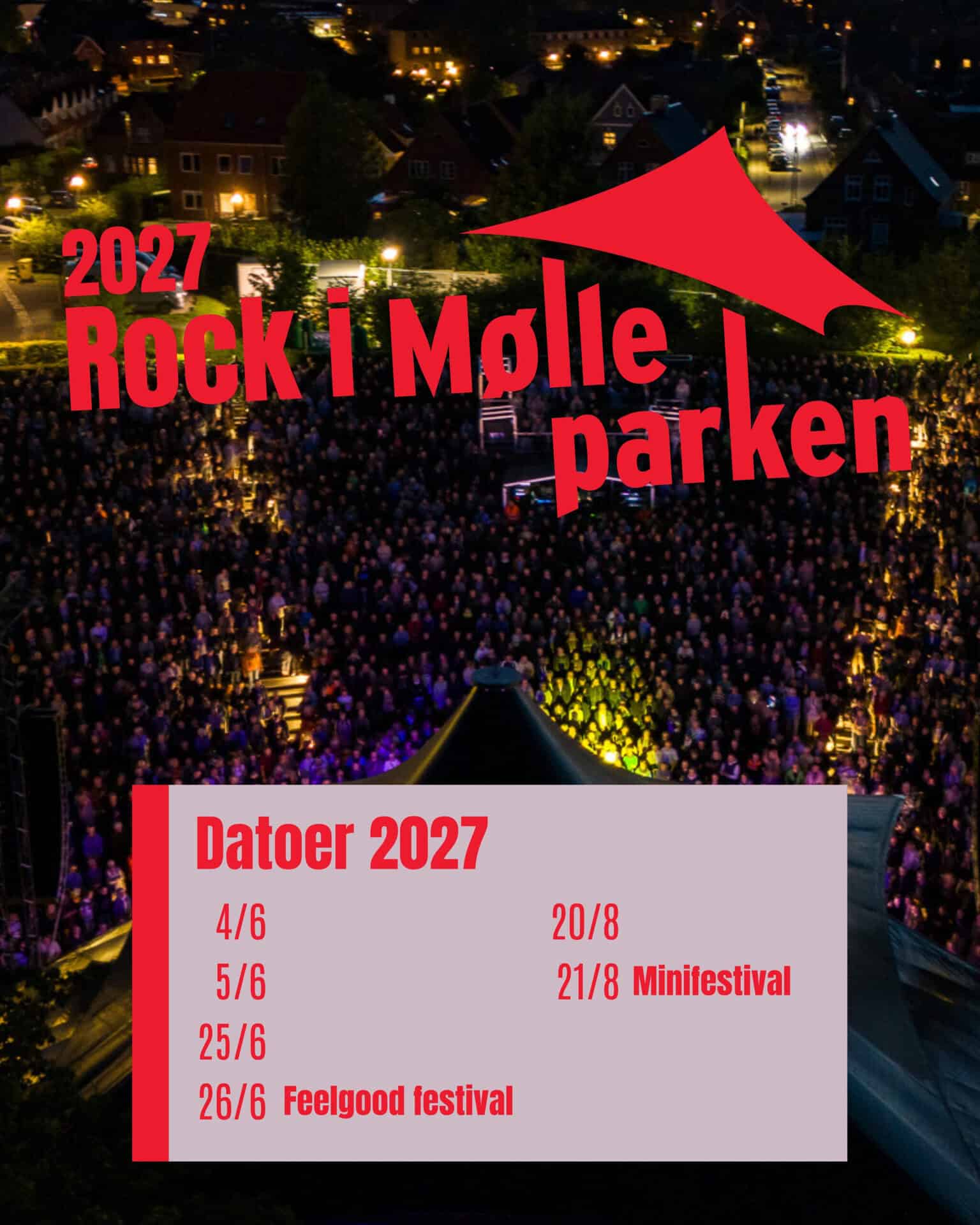 Aftenrock i Mølleparken 2027 med mange mennesker og festivalstemning.