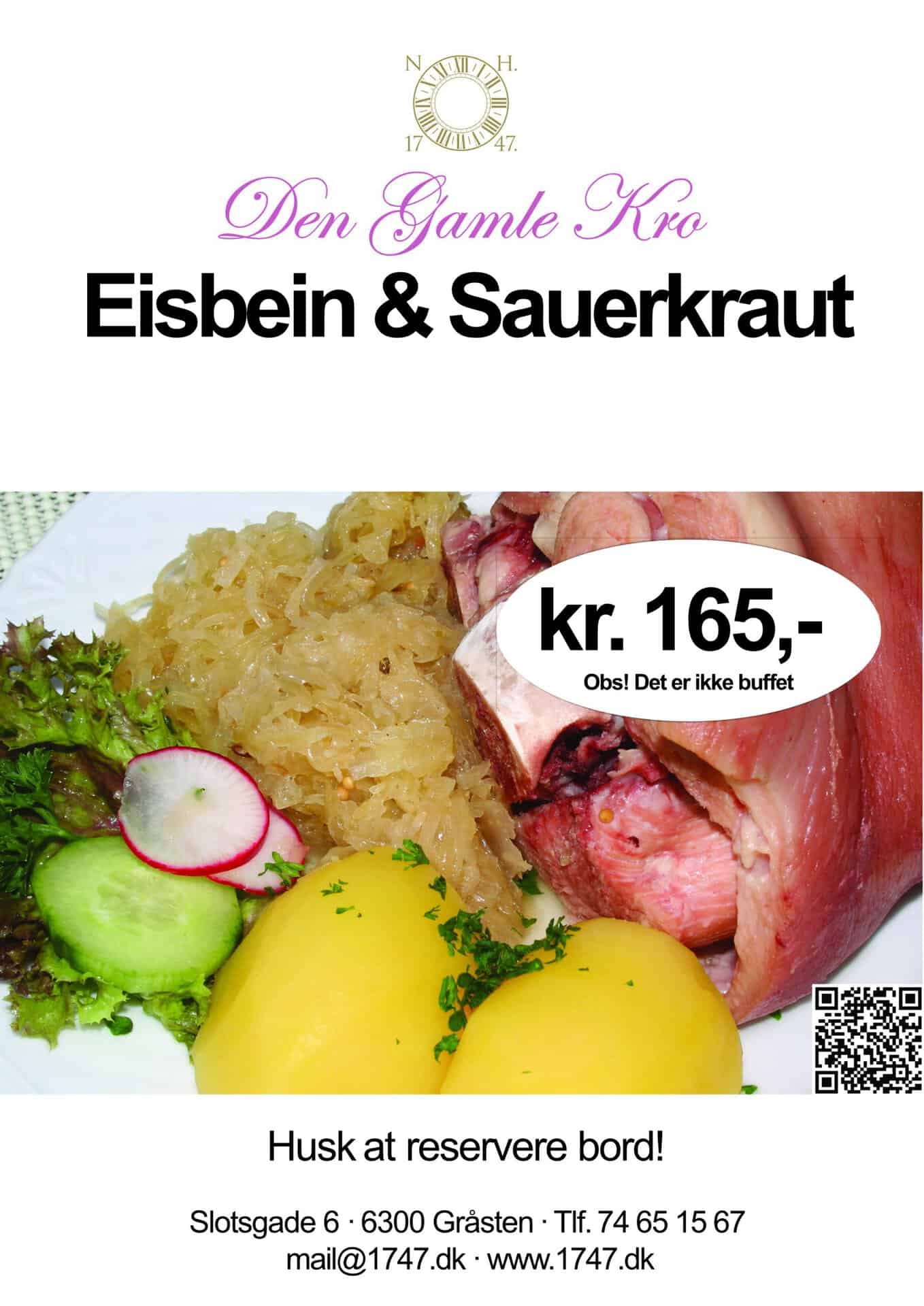 Traditionel dansk eisbein med surkål og kartofler på Den Gamle Kro.