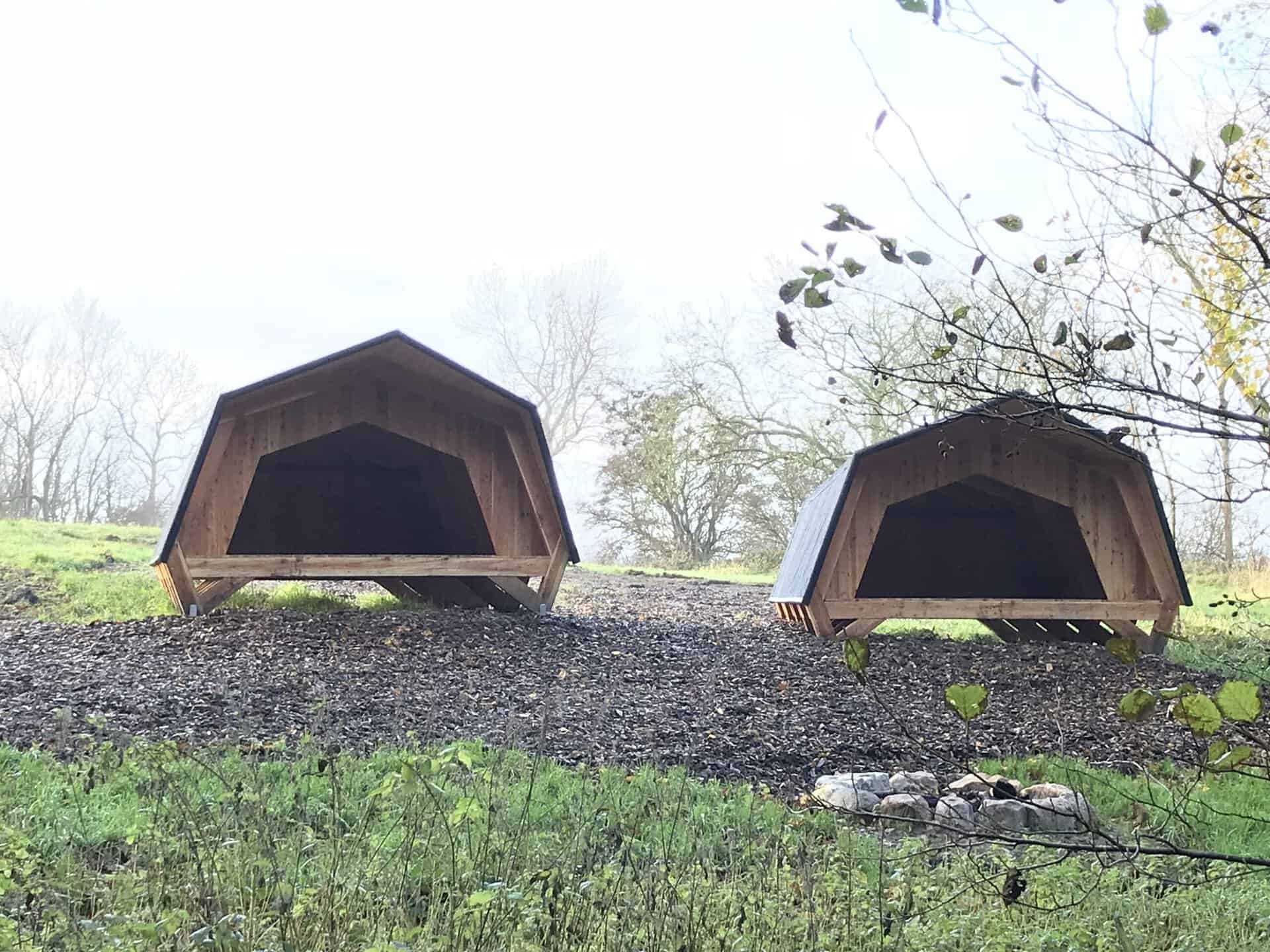 Kær Vestermark, lille lejrplads Bål med flammer og træstammer i en skov ved aftenstid.